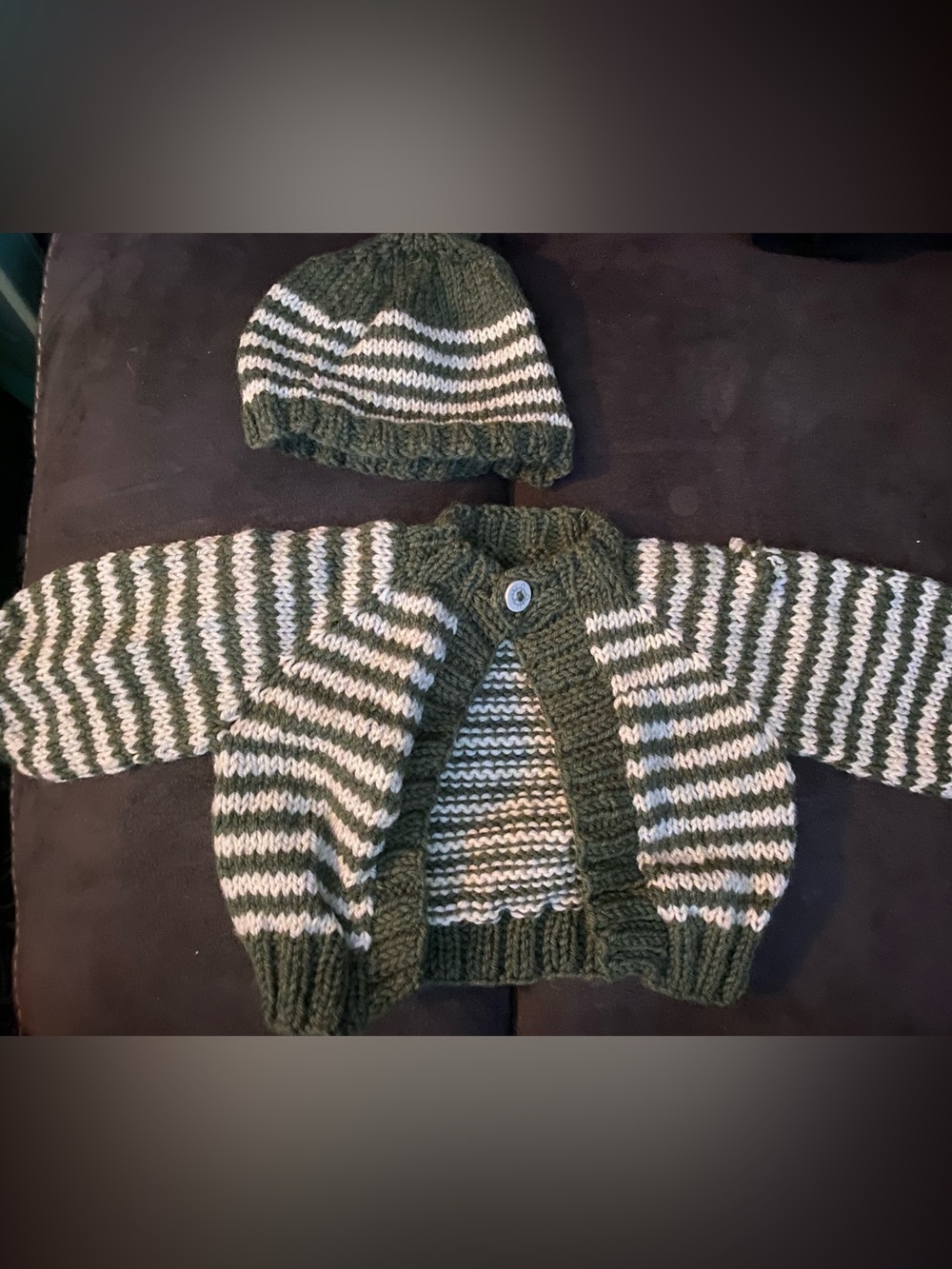 Green & White Striped Knit Baby Cardigan and Hat Set